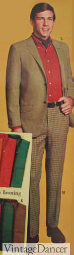 1967 red shirt under tan sportcoat with windowpane trousers