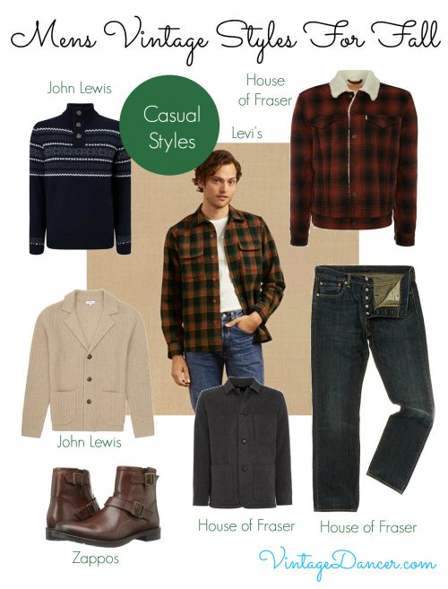 For a mid century casual style, team a pair of jeans with a warm knit and plaid jacket.
