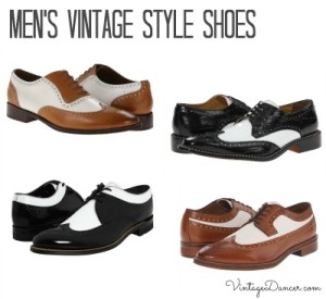 Men's best selling vintage style two tone shoes. Brown and white and black and white wingtips , saddle shoes, spectators. Find them at VintageDancer.com