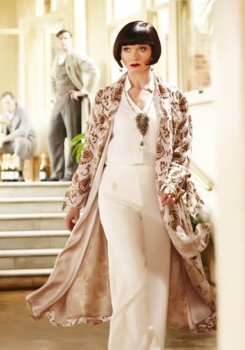Miss Fisher Murder Mysteries. A pair of wide leg pants, modest top and long jacket or wrap is almost dress like and a very vintage alternative to dresses.