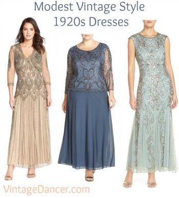 1920s style beaded modest dresses by Pisarro. Find them and more at VintageDancer.com/1920s