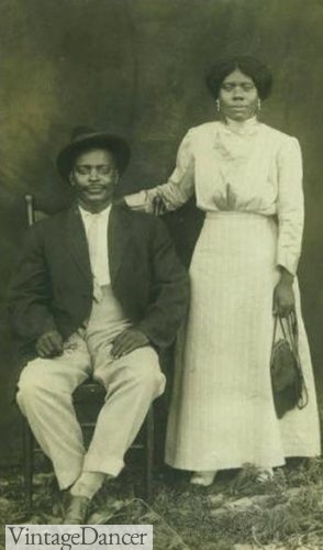 1900s Couple Edwardian era black women men skirt blouse hat
