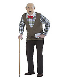 Old Man costume? Easy! Shirt, Bow tie, Sweater vest, pants and a cane. 