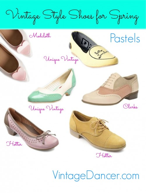 Vintage inspired flats and low heel shoes in spring pastels at VintageDancer.com
