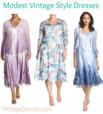 Modest vintage style dresses with long sleeves or jackets and mid to long lengths. See more dresses at VintageDancer.com