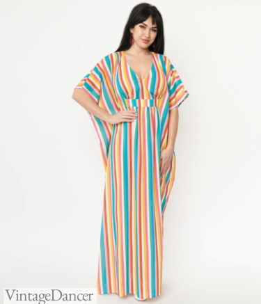 1970s caftan or kaftan dress in rainbow stripes by Unique Vintage