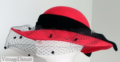 A vintage 1940s red hat with veil (VintageDancer.com)