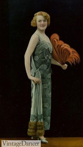 1920s 1923 fashion evening gowns formal dresses party cocktail fur trim