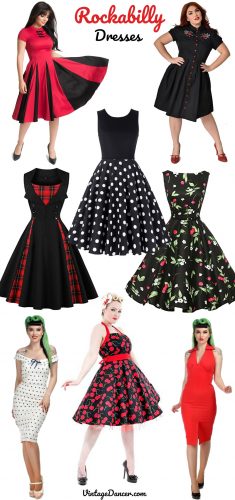 Rockabilly Dresses, pin up dresses, vintage swing dresses in polka dots, plaid, cherries, red, black, white and more at VintageDancer.com
