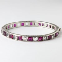 1920s Art Dec Bracelet - Ruby, Crystal & Sterling Bangle by H. Payton