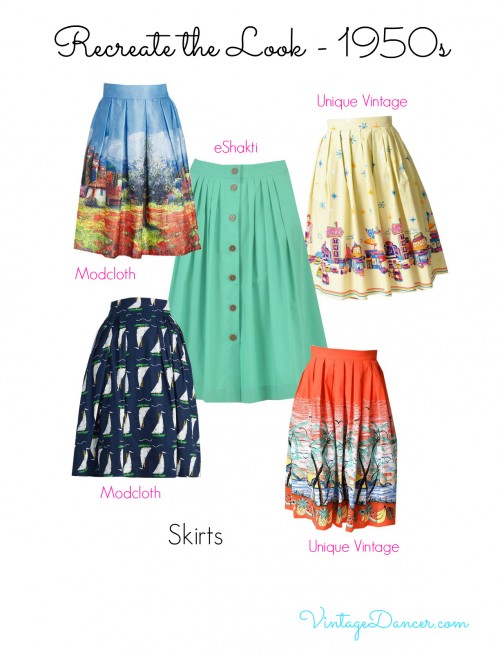 Fabulous novelty print and brightly hued skirts. Love the scenic print on the Modcloth one!