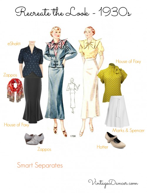 1930s blouses and skirts outfit ideas. Get these 30s outfits at VintageDancer.com/1930s