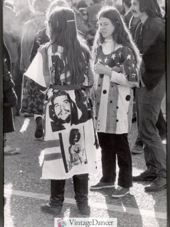 Hippie women in countercultureal Che Guevara and American Flag dresses in 1968 at VintageDancer