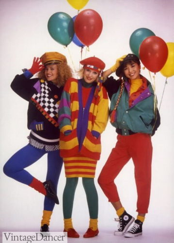 1980s outfit ideas - colorblock sweaters, leggings, jackets, hats and shoes