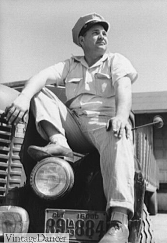 1943 striped pants and short sleeve shirt, oxford shoes, drivers cap men workwear 1940s