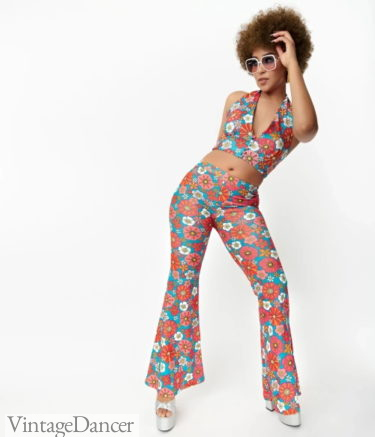 70s outfits Hippie print flares and halter top
