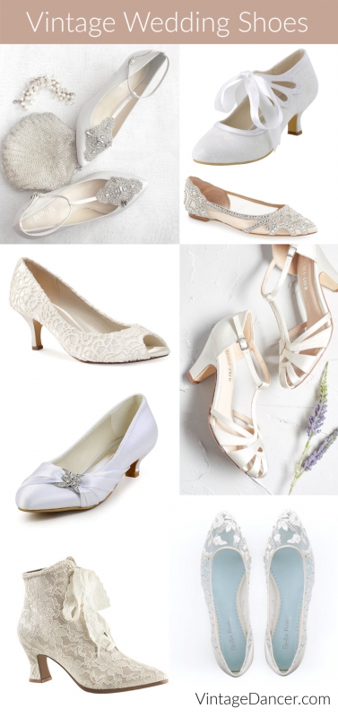 Vintage Wedding Shoes 1920s, 1930s, 1940s, 1950s, 1960s, 1970s heels, flats and boots at VintageDancer