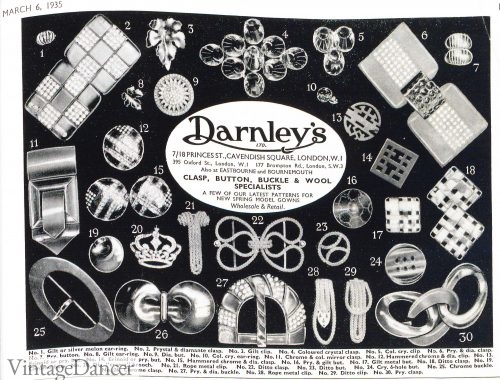 A selection of buckles and clips as advertised in British Vogue, March 1935.