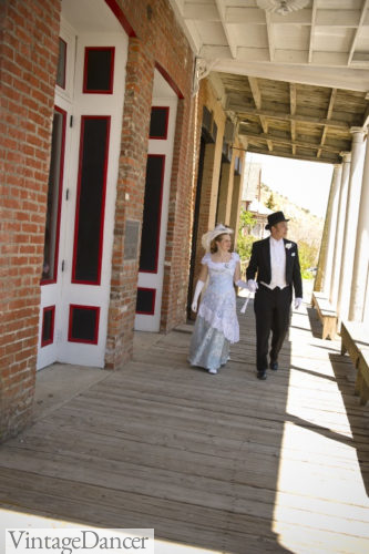 Walking the original wood boardwalk in Virginia City Nevada old west wedding
