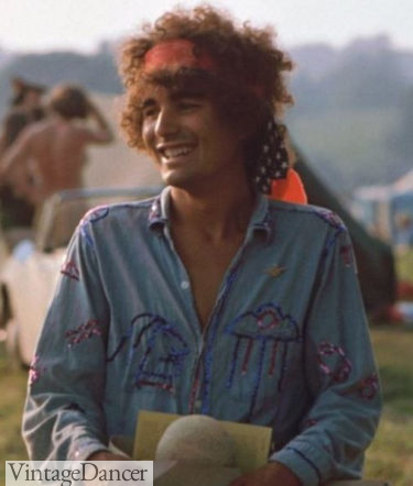1960s mens hippie fashion Woodstock hippie in a Western inspired look, decorated with glitter pictures
